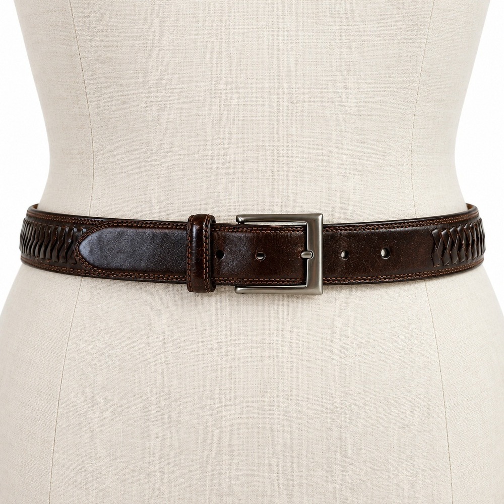 Cole Haan Leather Belt 42 Brown Woven Solid Brass Buckle A09633